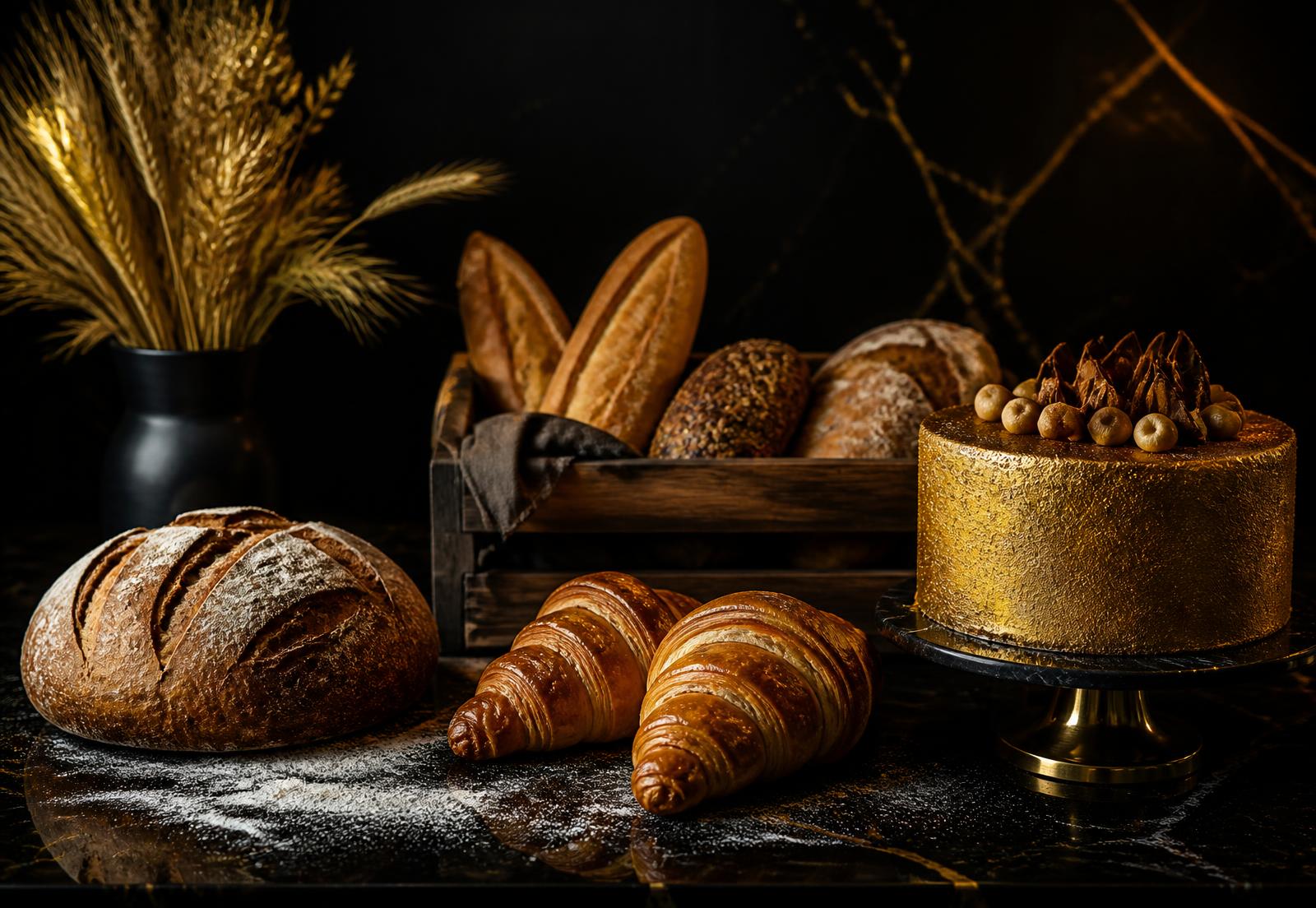 Artisan breads, croissants and a gold-finished cake on black marble